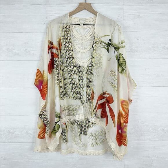 Chico's Tops - Chico's Womens Kimono Top Floral One Size Boho Beach Summer Sheer Satin Cover Up